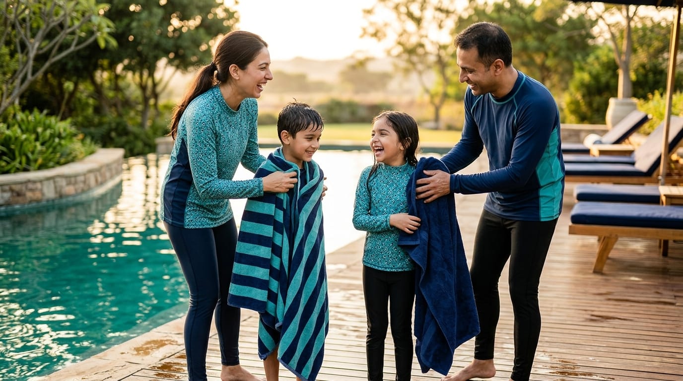 Family drying off with towels poolside after safe swimming with a healed VP shunt