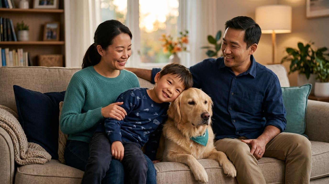 Family bonding with seizure response dog at home