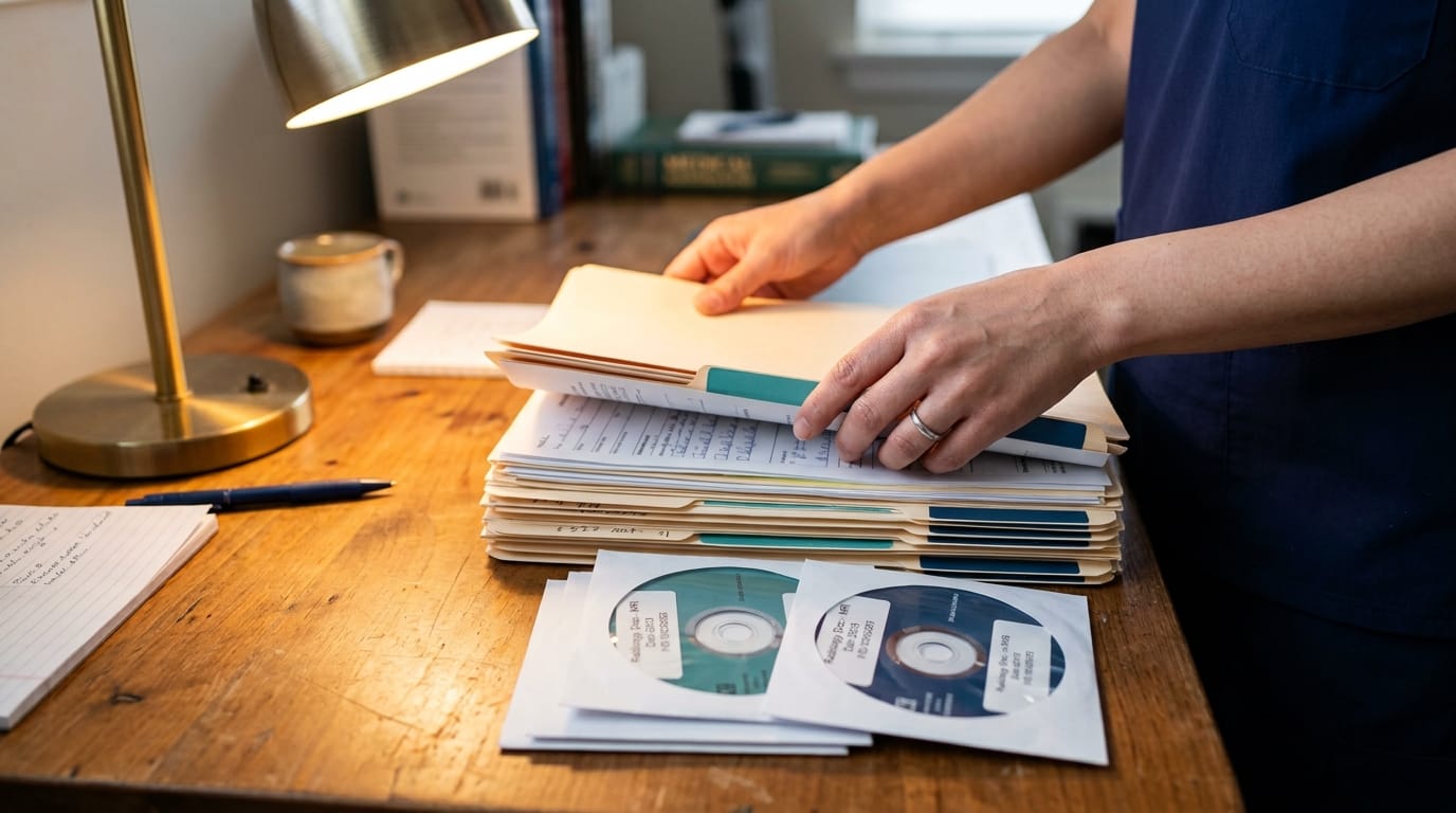 Hands organizing medical records for a second opinion request