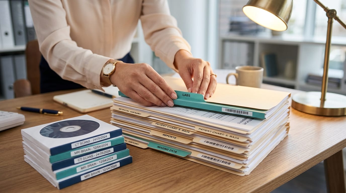Hands organizing medical records for a shunt surgery insurance appeal