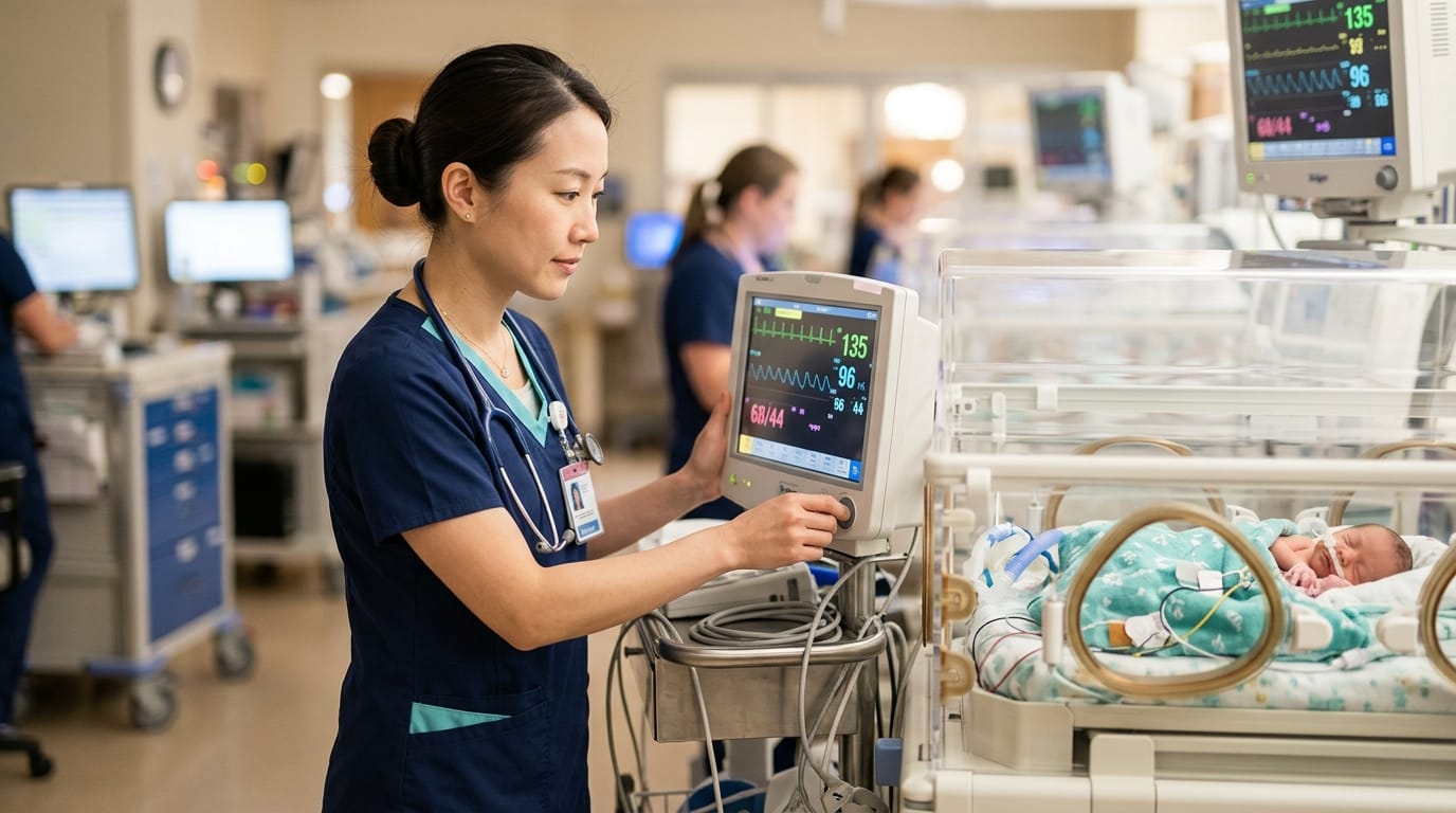 Neonatologist checking NICU incubator monitor for a premature baby