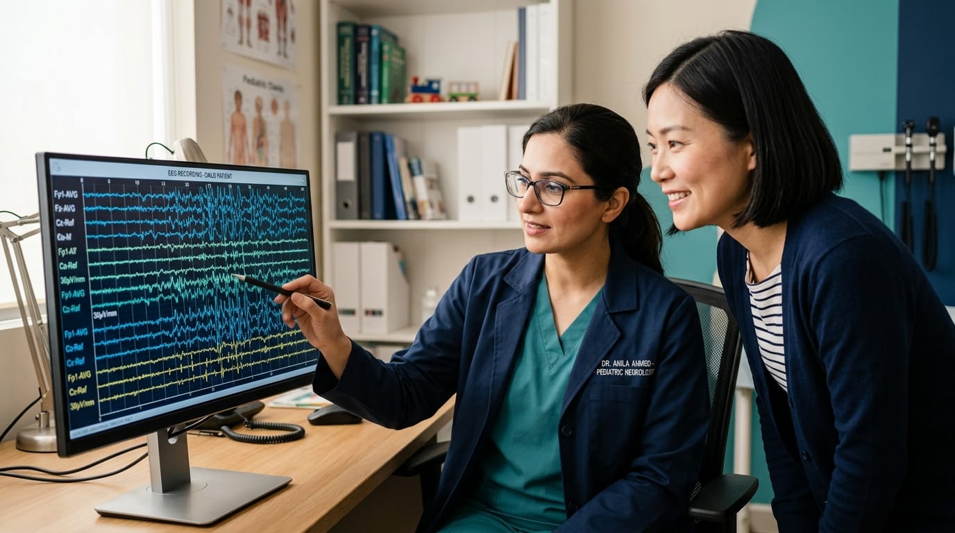 Doctor and parent reviewing EEG results for epilepsy syndrome