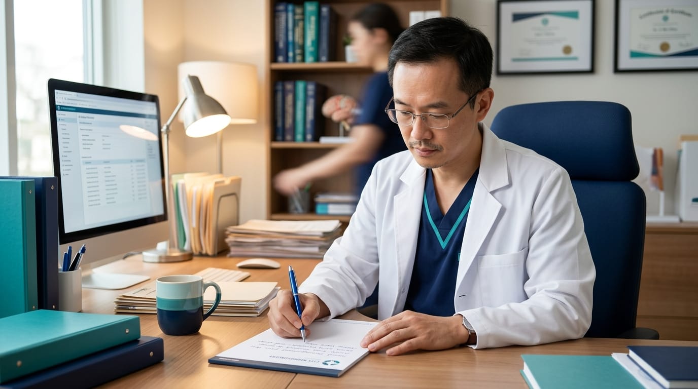 Neurosurgeon writing a coordination letter for a child with Down syndrome and hydrocephalus