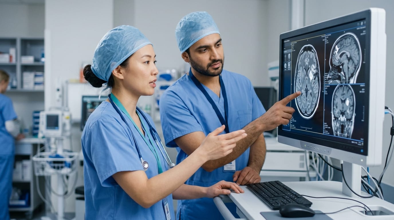 Neurosurgeons discussing a brain scan for hydrocephalus and spina bifida