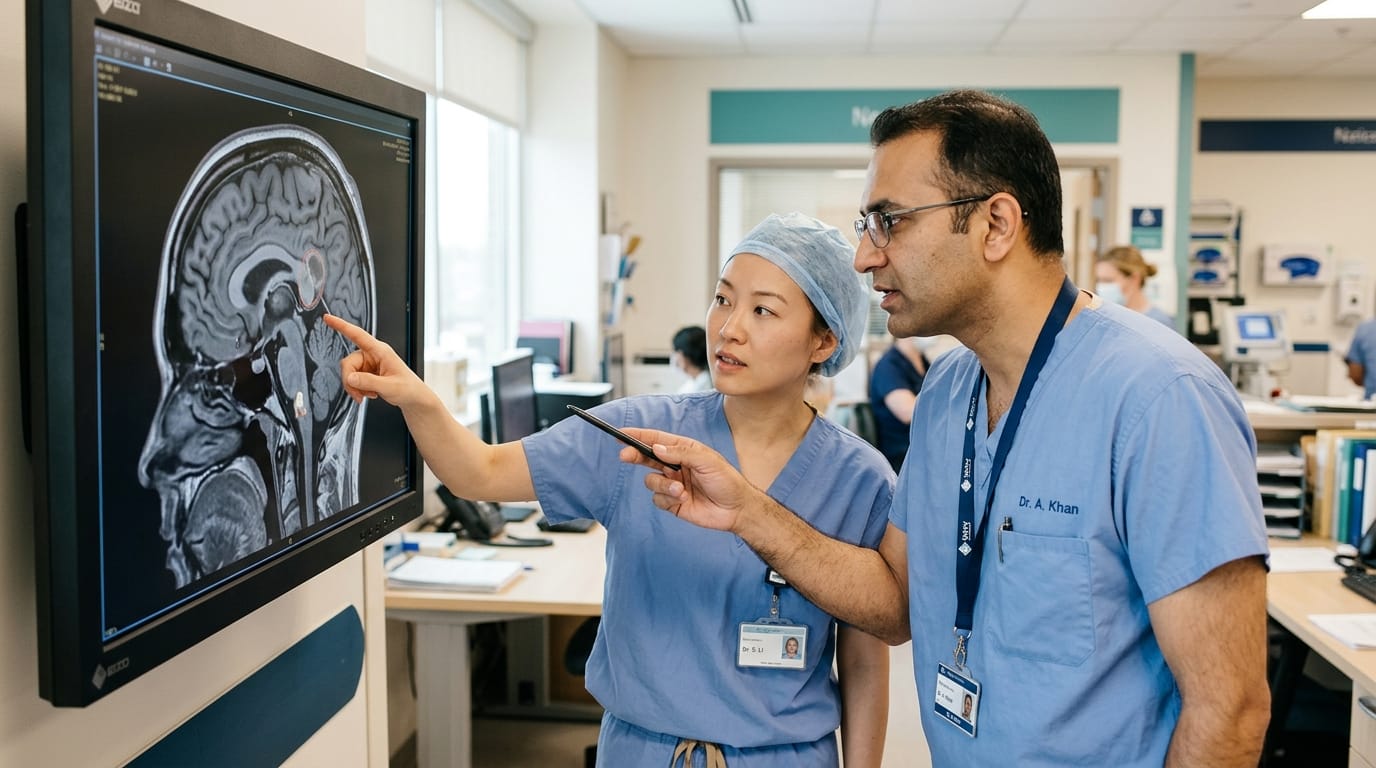 Neurosurgeons discussing a brain scan for aqueductal stenosis