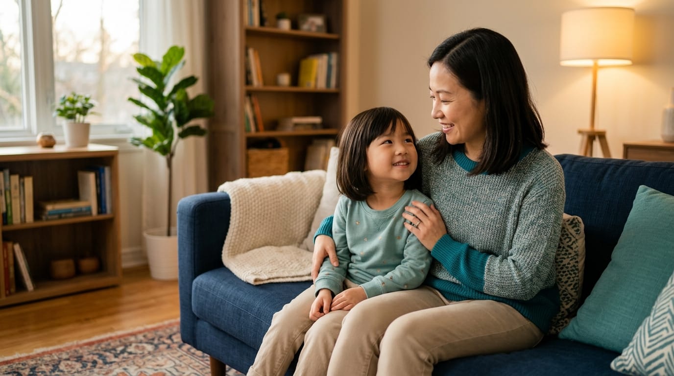 Parent and child with Down syndrome sitting together at home