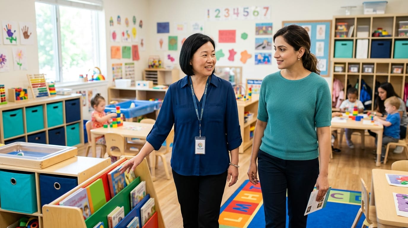 Parent and daycare director touring a classroom together