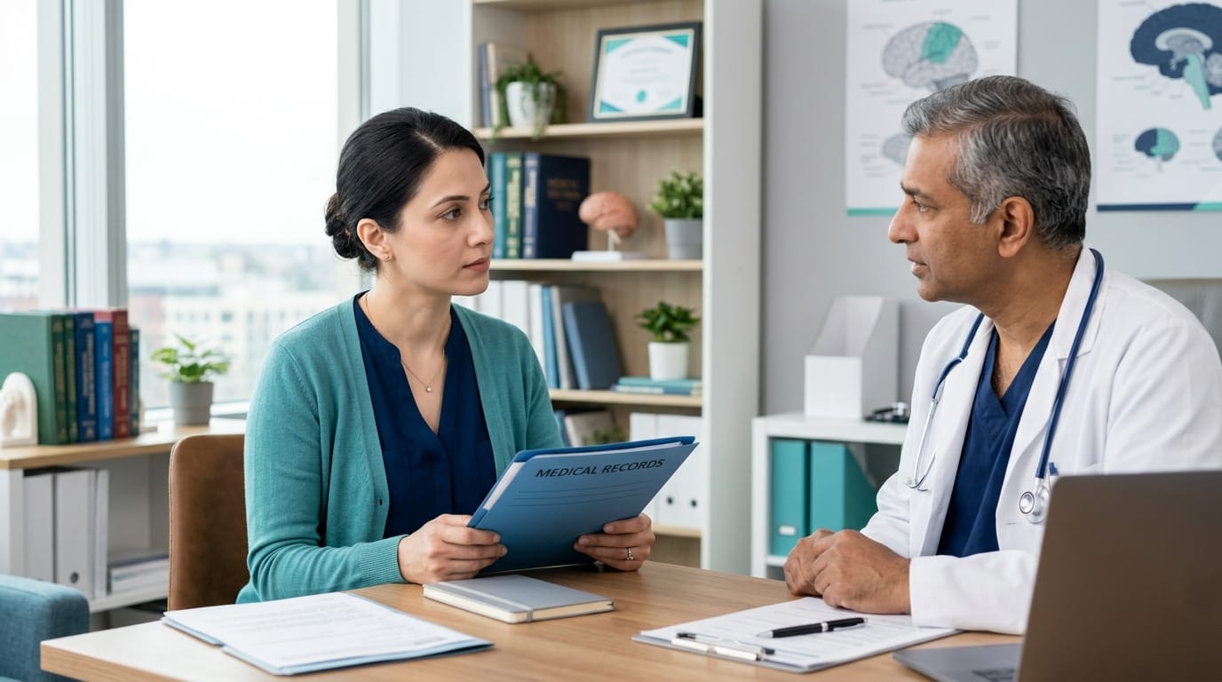 Parent consulting neurosurgeon about a prenatal hydrocephalus diagnosis