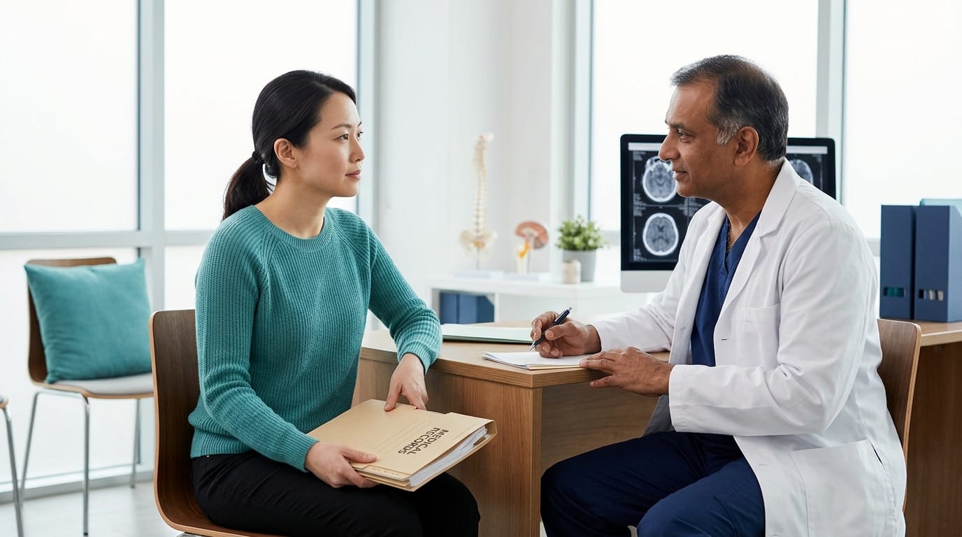 Parent consulting neurosurgeon in office about spina bifida and hydrocephalus