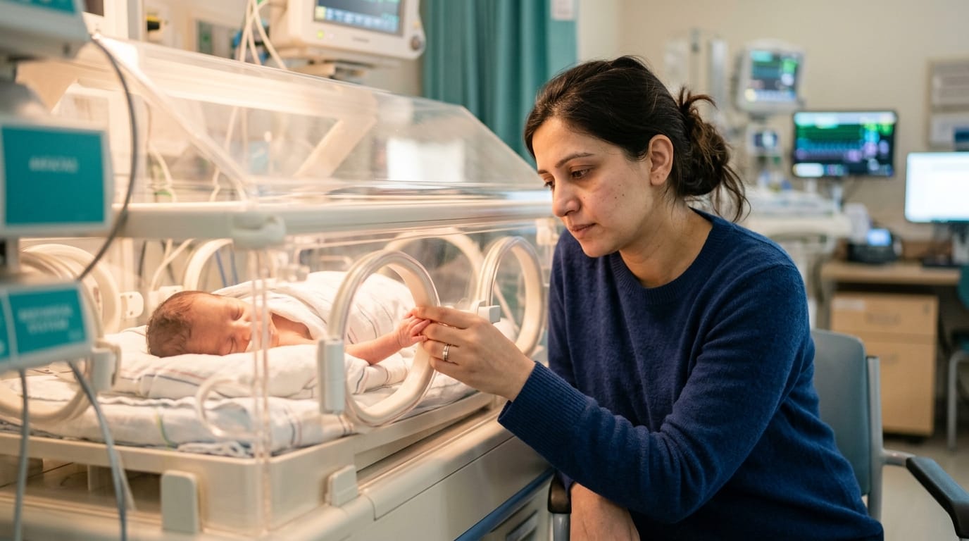Parent holding infant's hand with Down syndrome and hydrocephalus