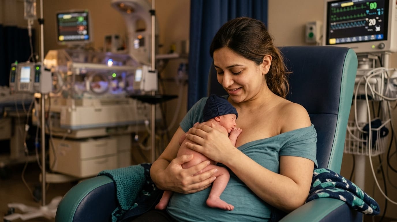 Parent holding infant using kangaroo care in the NICU