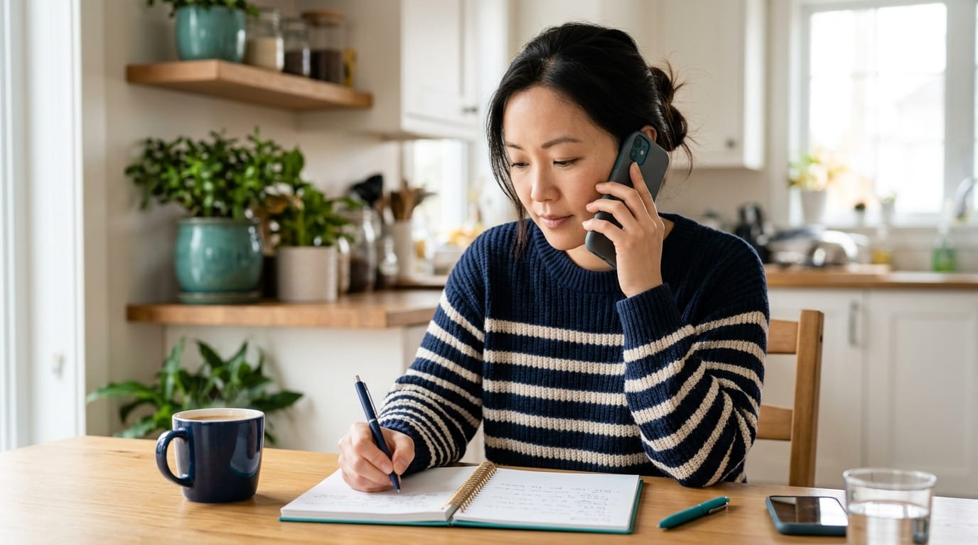 Parent taking notes on the phone during a peer-to-peer insurance review