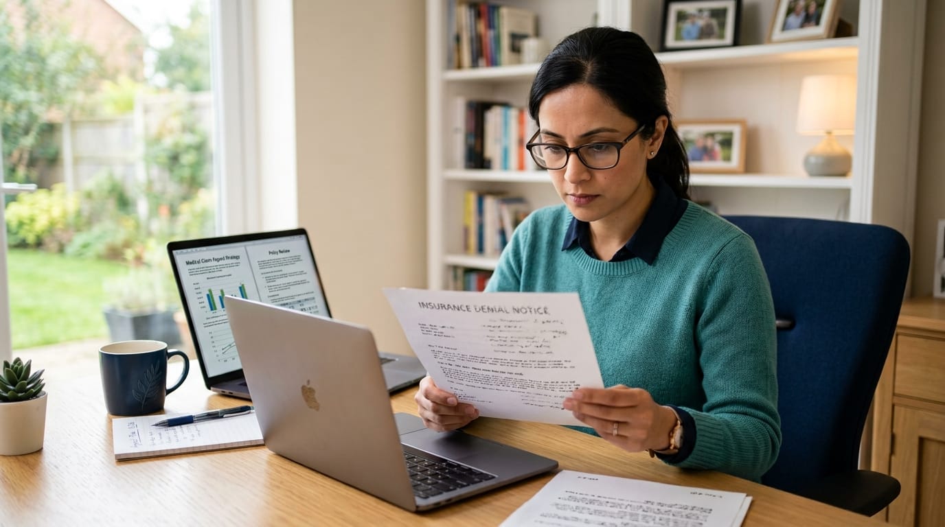 Parent reviewing an insurance denial letter for shunt surgery