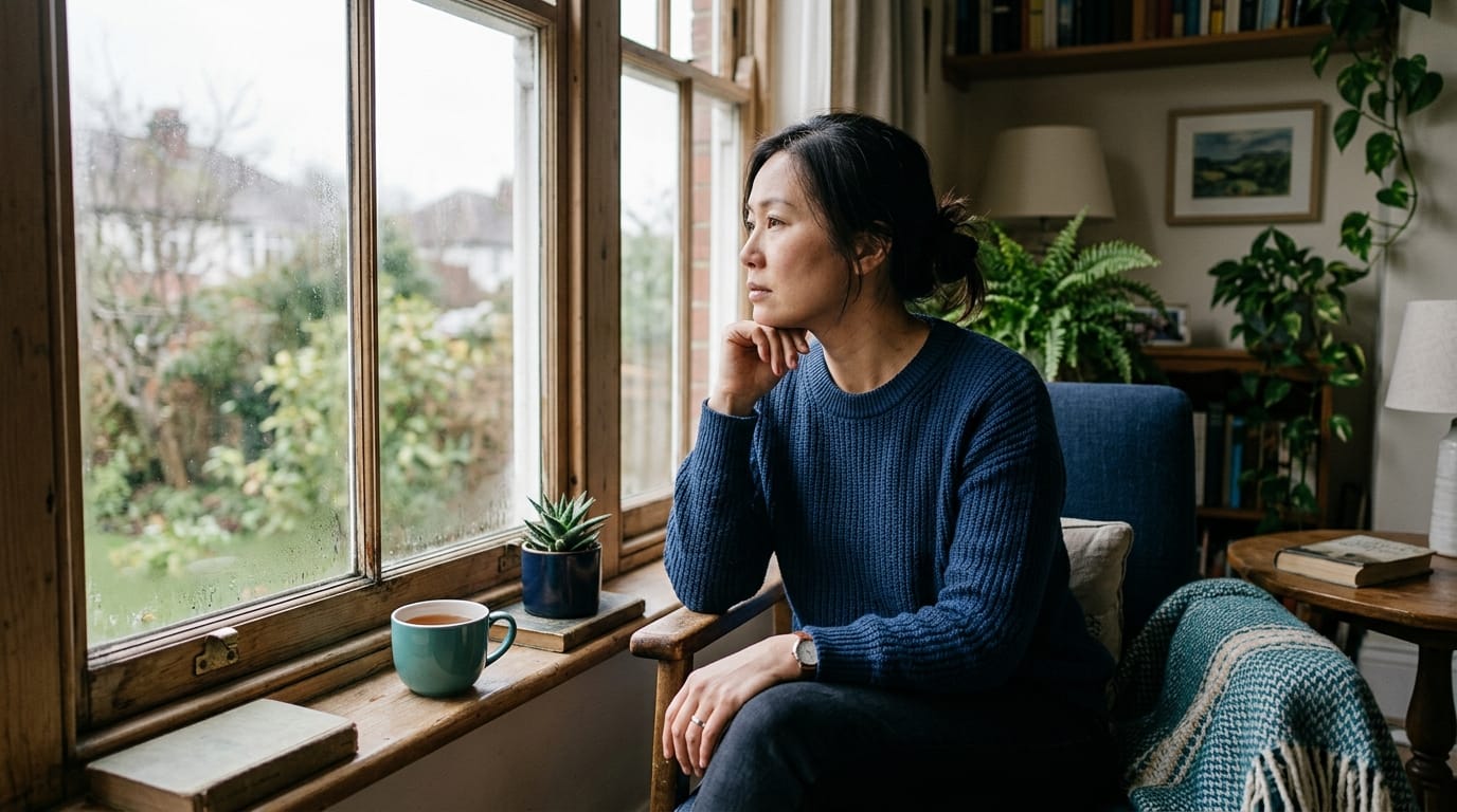 Parent sitting by a window reflecting during postpartum recovery