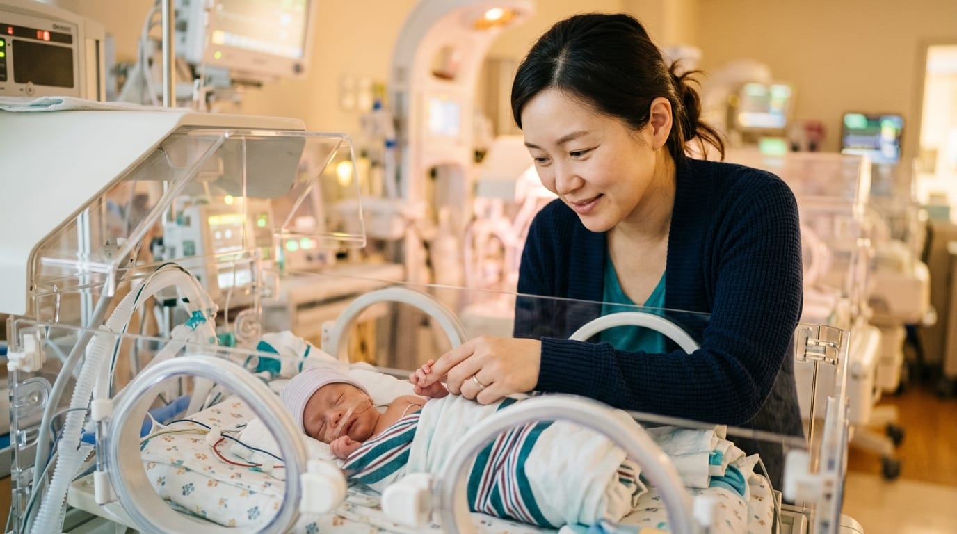 Parent touching premature infant in incubator during NICU hydrocephalus monitoring