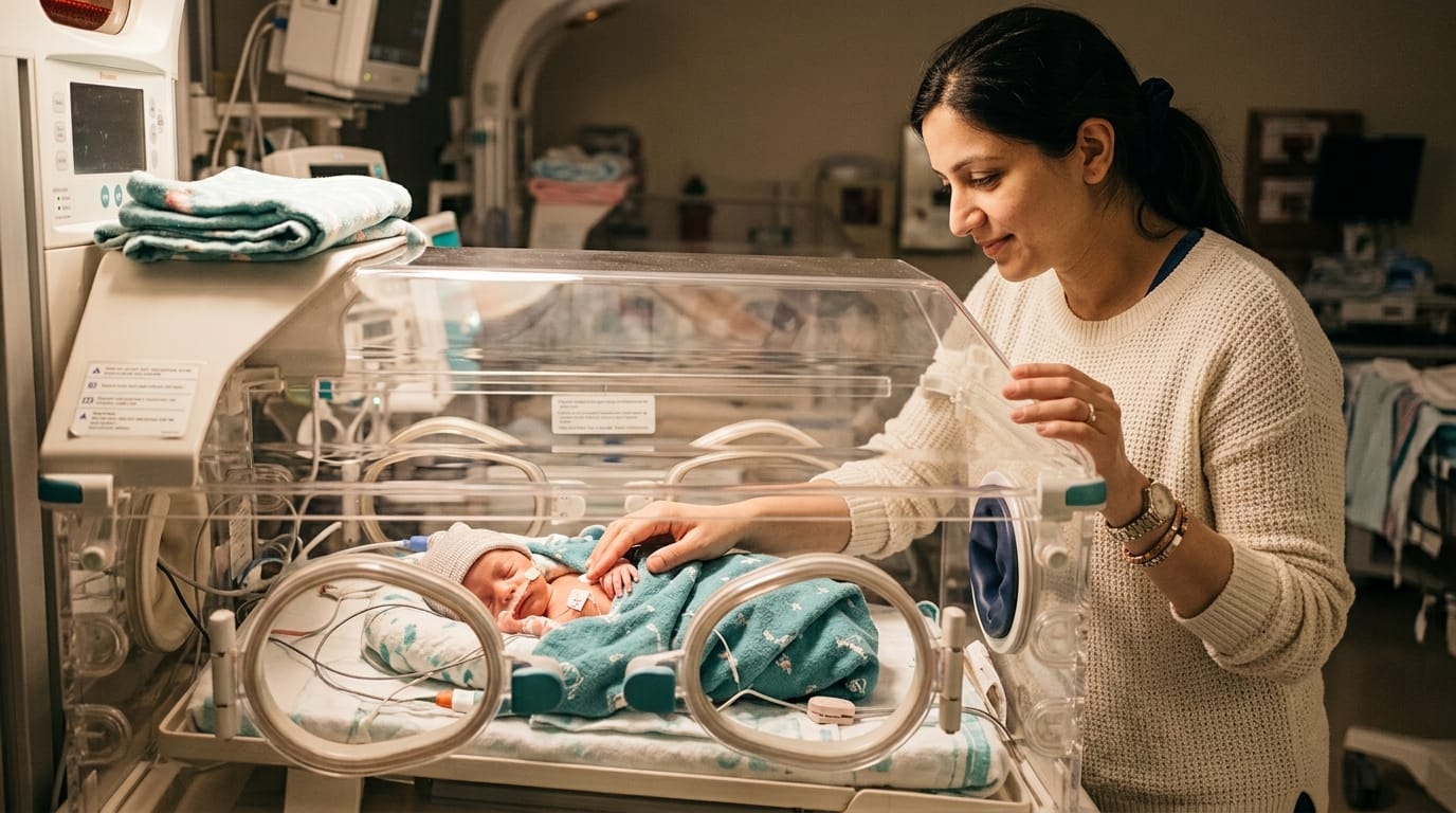 Parent touching premature infant in incubator during postpartum recovery
