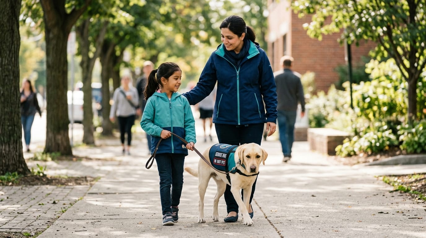 Trained seizure response dog accompanying child outdoors