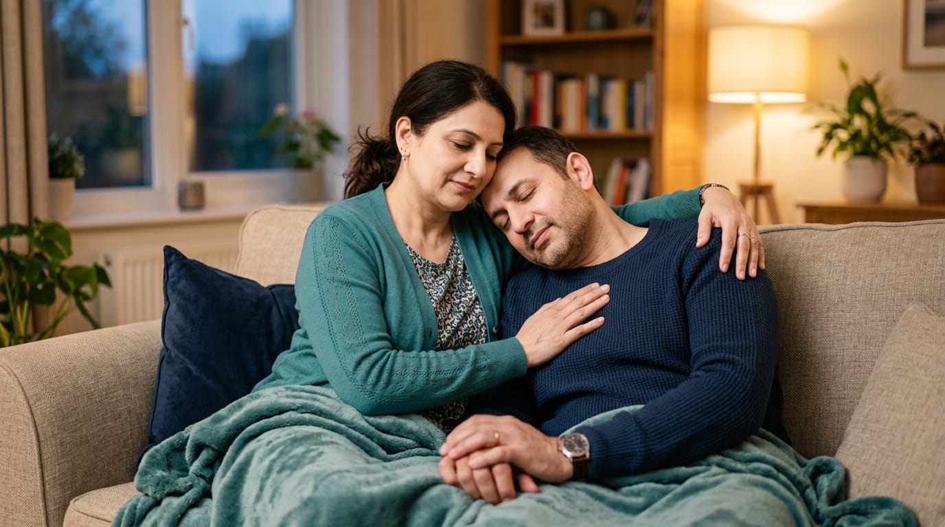 Parents supporting each other while discussing an epilepsy diagnosis