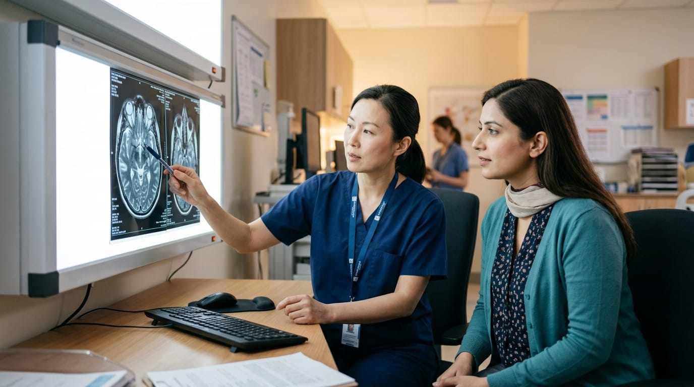 Radiologists reviewing brain MRI for aqueductal stenosis diagnosis
