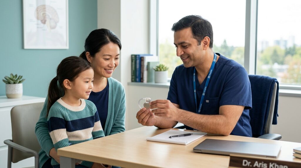 VNS therapy device explained to parent and child with epilepsy
