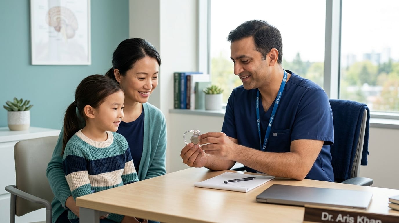 VNS therapy device explained to parent and child with epilepsy