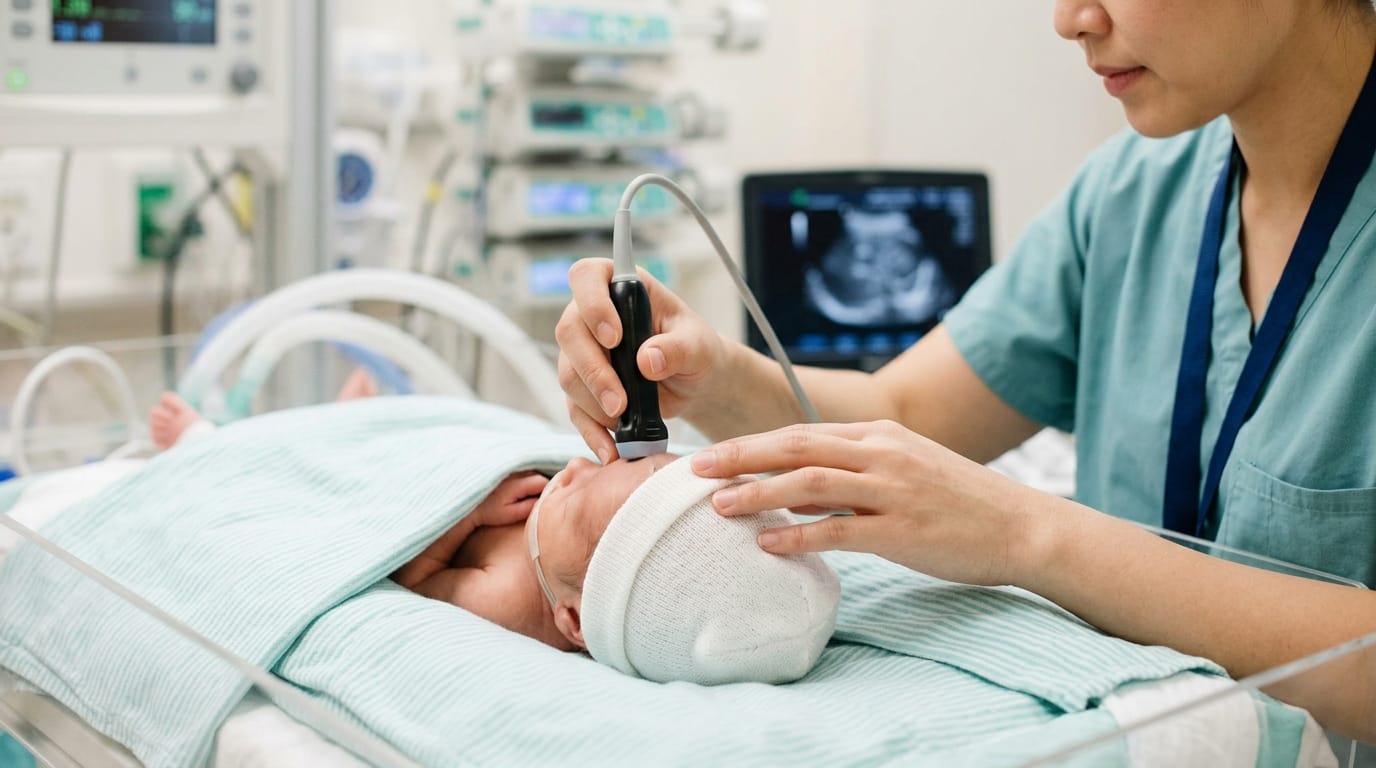 Ultrasound scan on premature infant to check for IVH